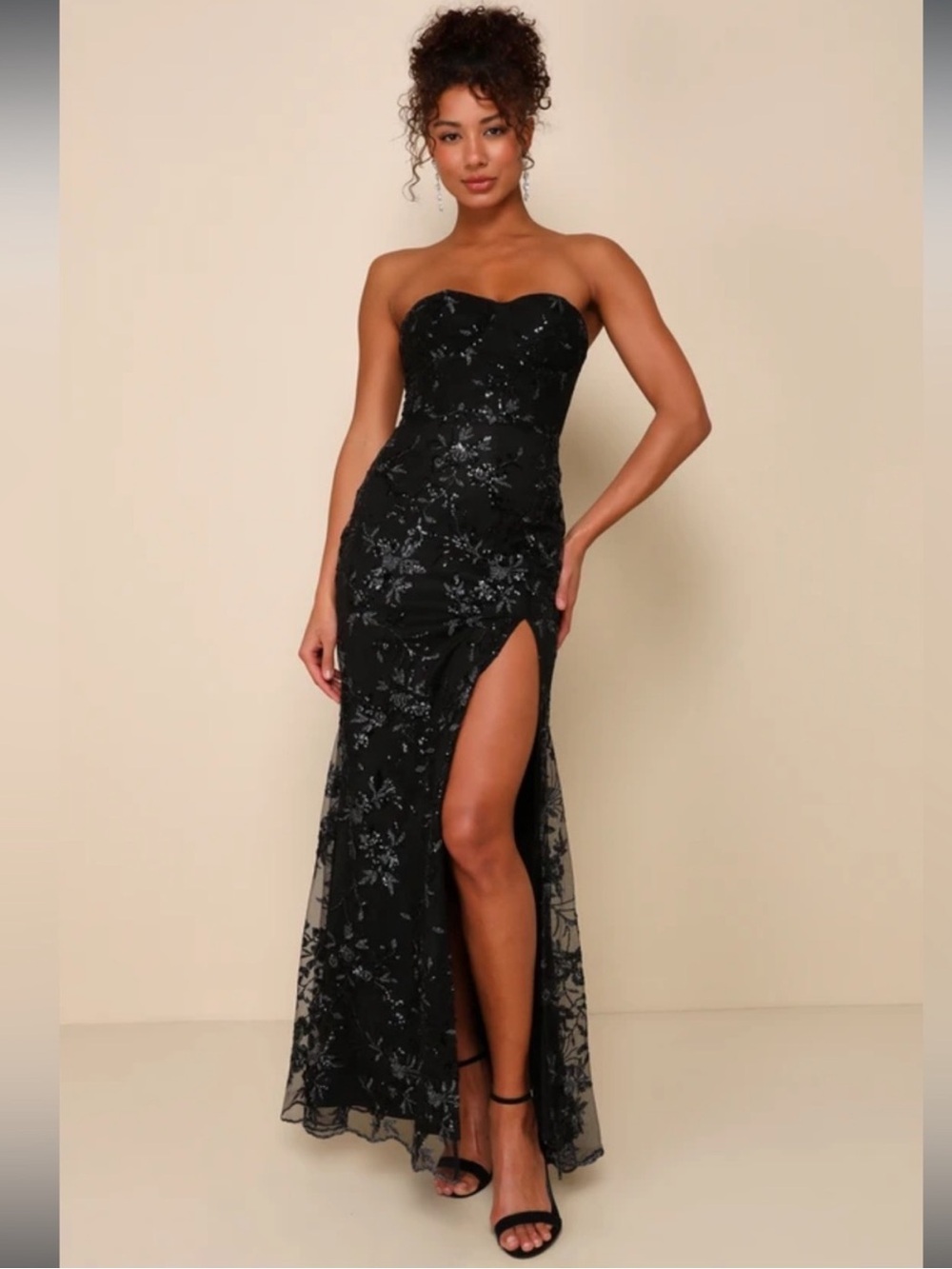 NWT-Confident Sensation Black Sequin Strapless Bustier Maxi Dress